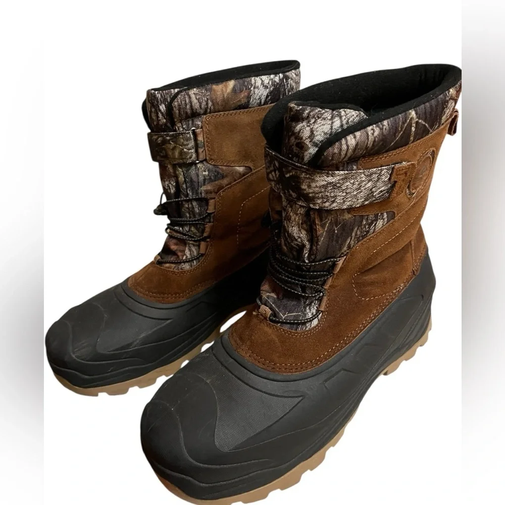 Ozark Trail Men's Winter Pac Boots with a Mossy Oak camouflage and suede upper.